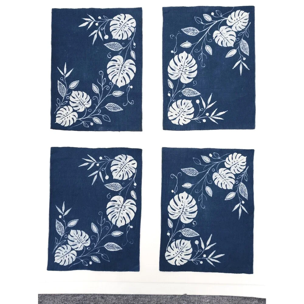 Handmade Indigo Batik Monstera Placemats, Botanical Table Mats, Kitchen Dining